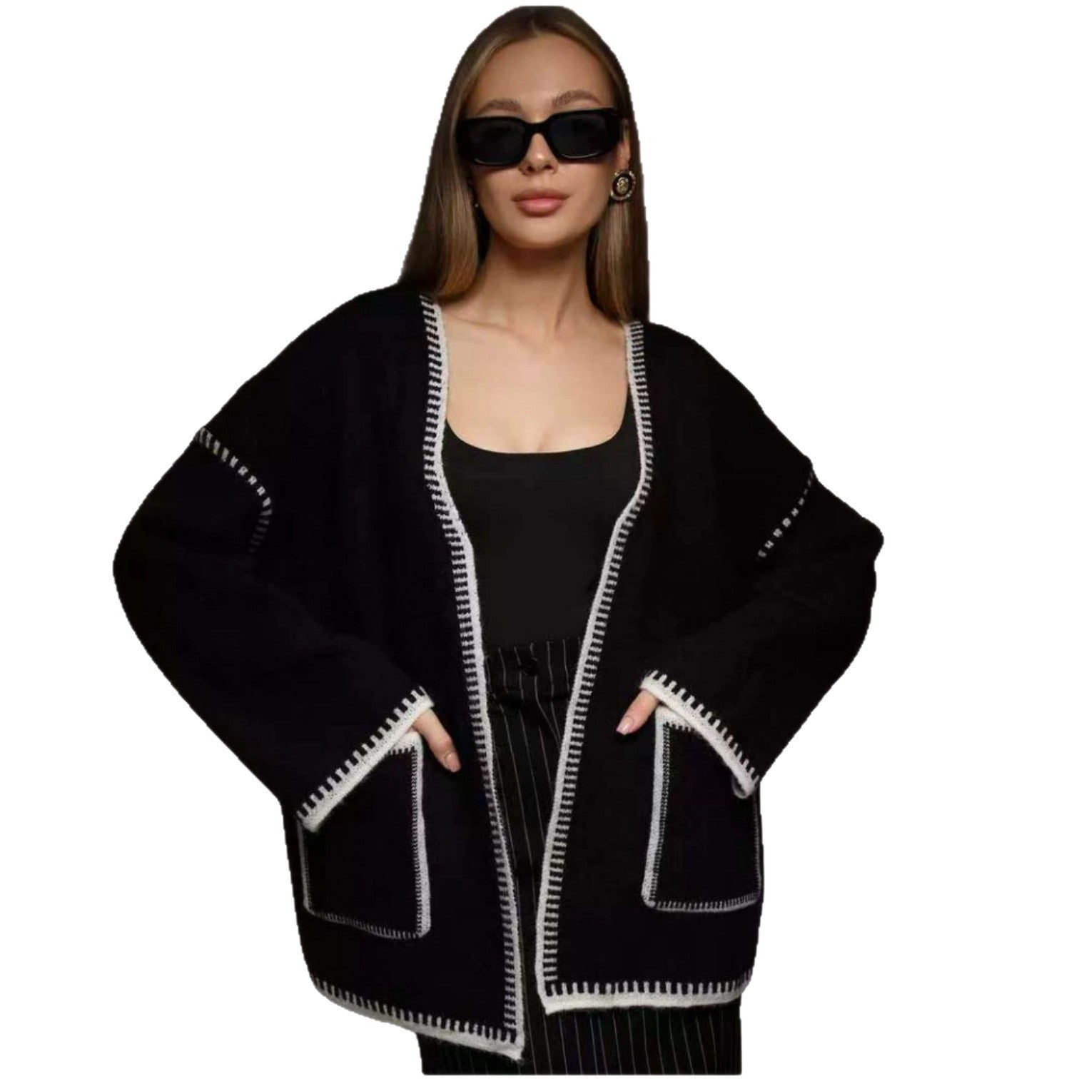 Damen Strickjacke mit großem Revers und praktischen Taschen WW