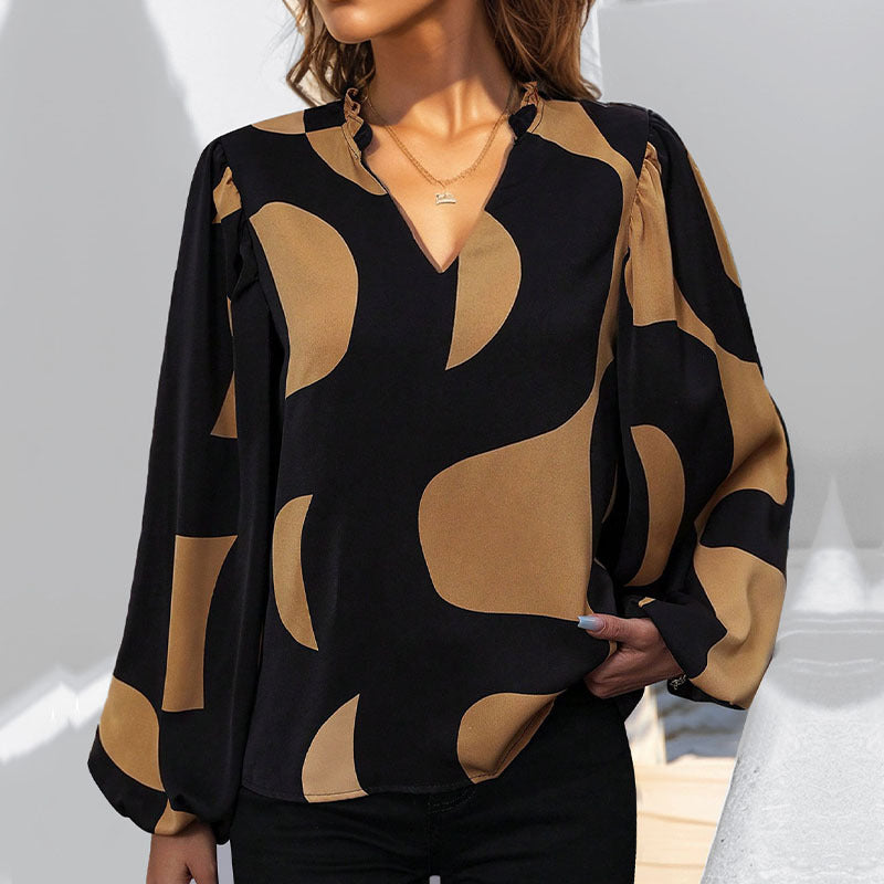 Damen Bluse mit modischem V-Ausschnitt und einzigartigem Muster WW