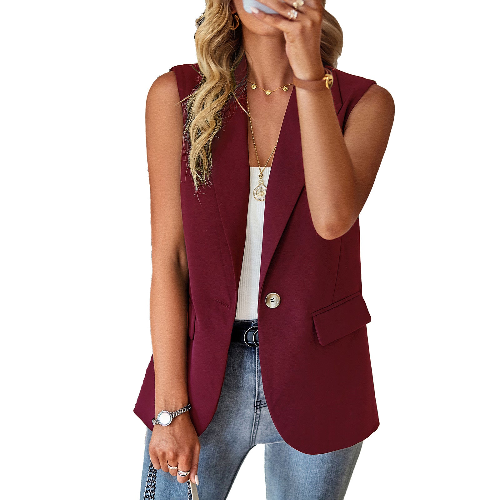 Damen lässiger Blazer ohne Ärmel mit tailliertem Schnitt und eleganten Taschen WW