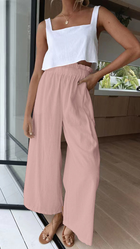 Damen Hochtaillierte Palazzo-Hose mit elastischem Bund und seitlichen Taschen WW