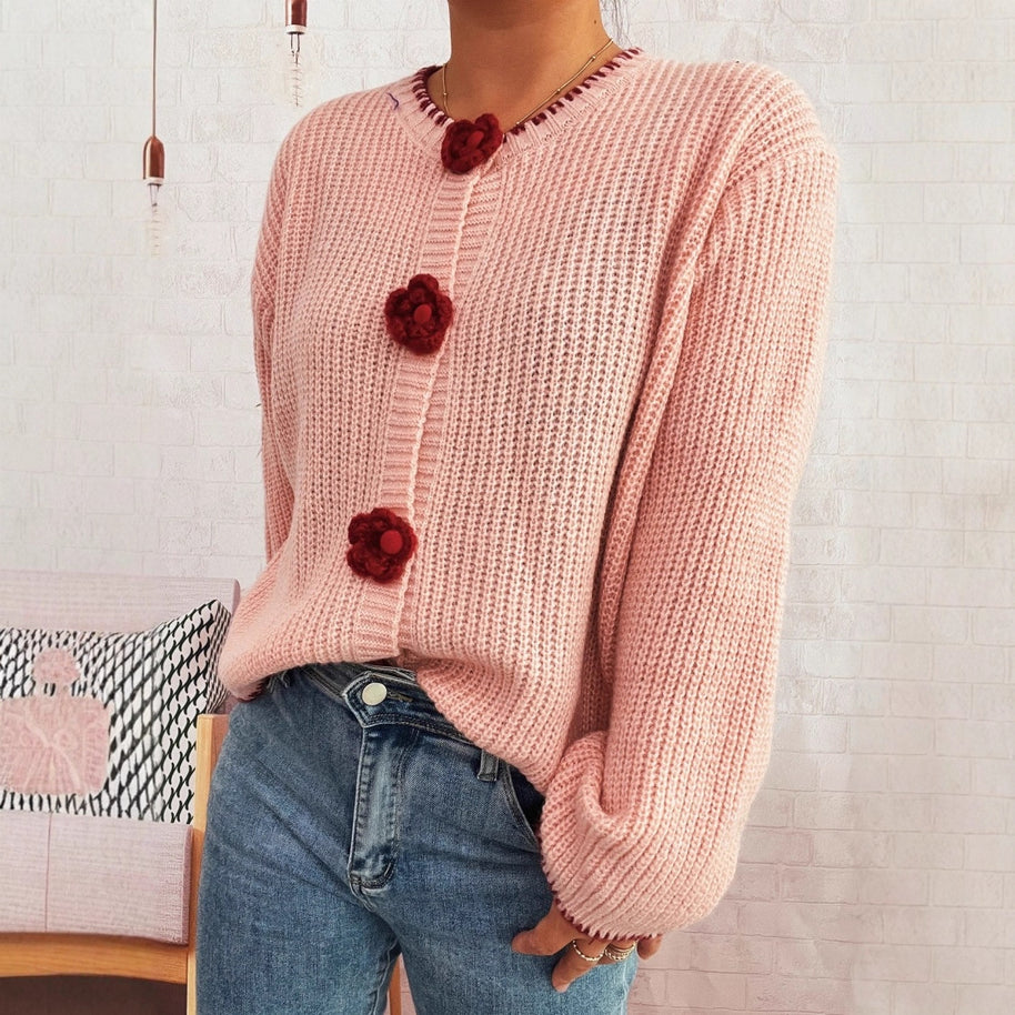 Damen Strickjacke mit floralen Knopfdetails und lässigem Schnitt WW