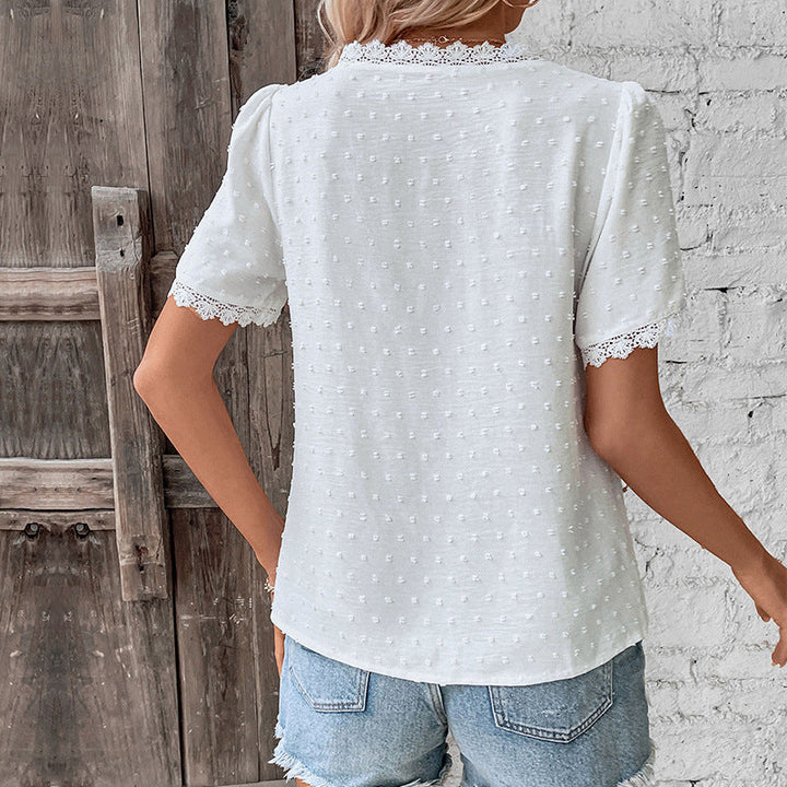 Damen Kurzarmbluse mit Spitzenbesatz und strukturiertem Design W&W Mode