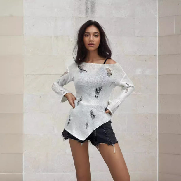 Damen Strickpullover mit lässigem, ausgefranstem Design WW