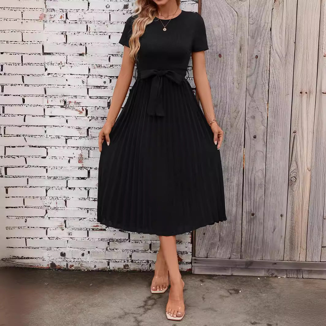 WW | Lässiges Fließendes Kurzarm-Gürtel-Midikleid