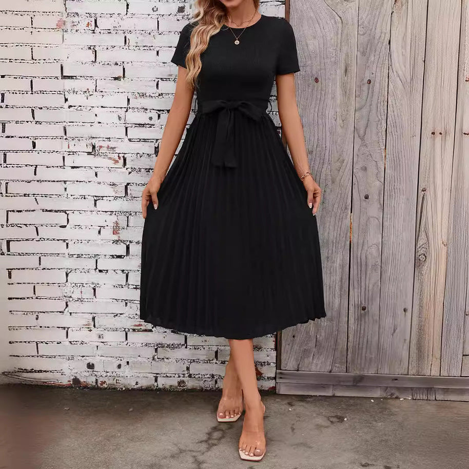 WW | Lässiges Fließendes Kurzarm-Gürtel-Midikleid
