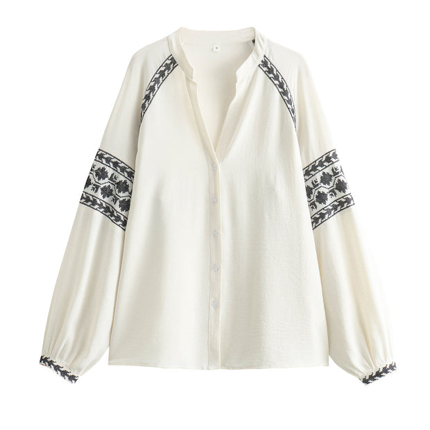Damen bestickte Bluse mit modernen Puffärmeln und elegantem Stehkragen WW