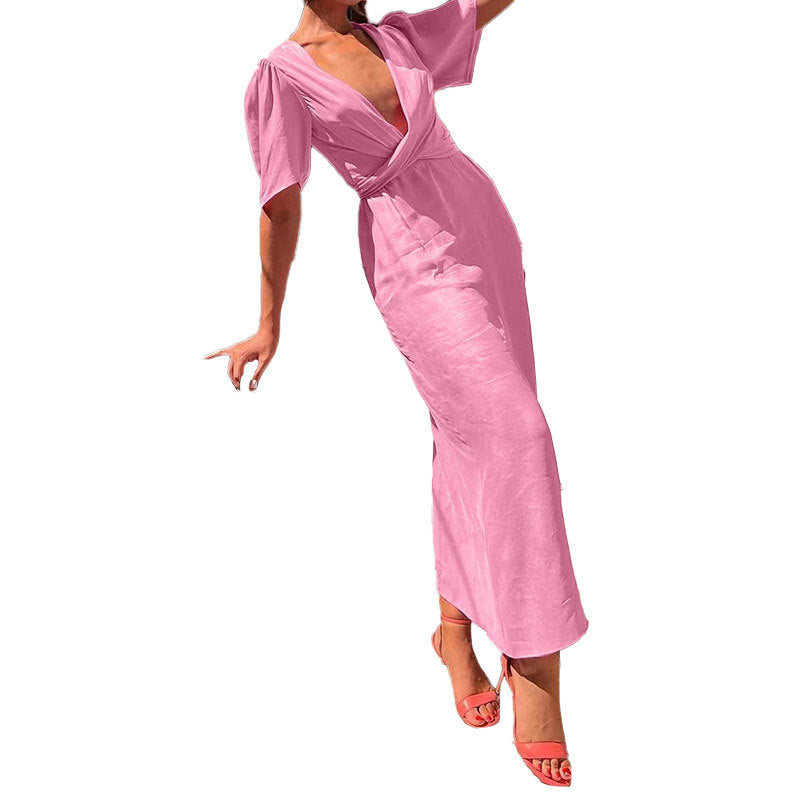 Damen Maxikleid mit tiefem V-Ausschnitt und Puffärmeln W&W Mode
