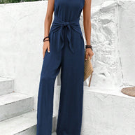 Damen eleganter Jersey Jumpsuit mit breiten Beinen und seitlichen Taschen W&W