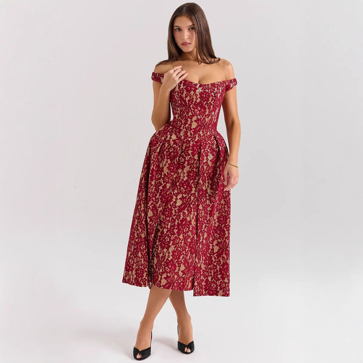 Damen Abendkleid mit schulterfreiem Design und exquisite Spitze W&W Mode