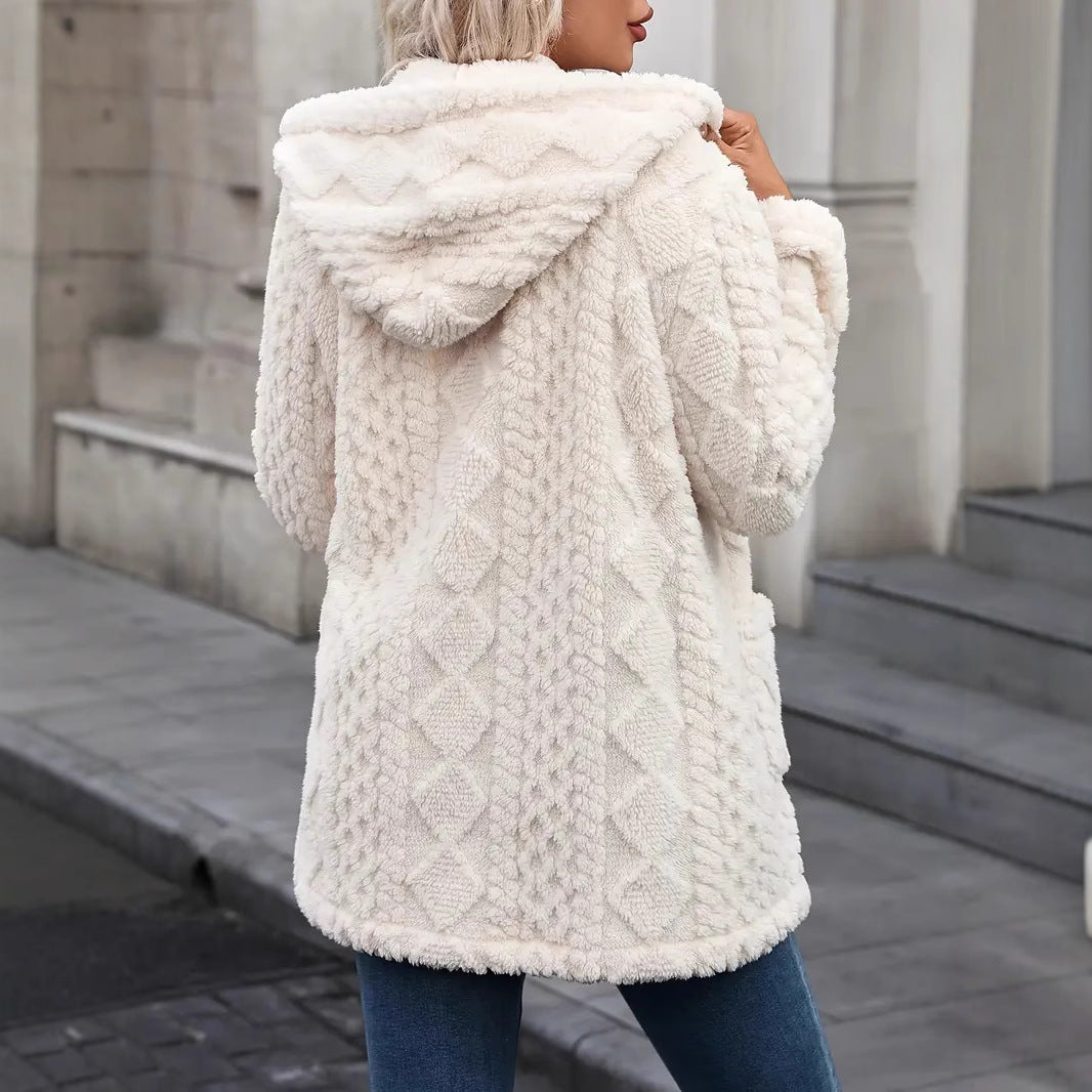 Damen angenehme und weiche Plüschjacke mit Kapuze und Taschen WW