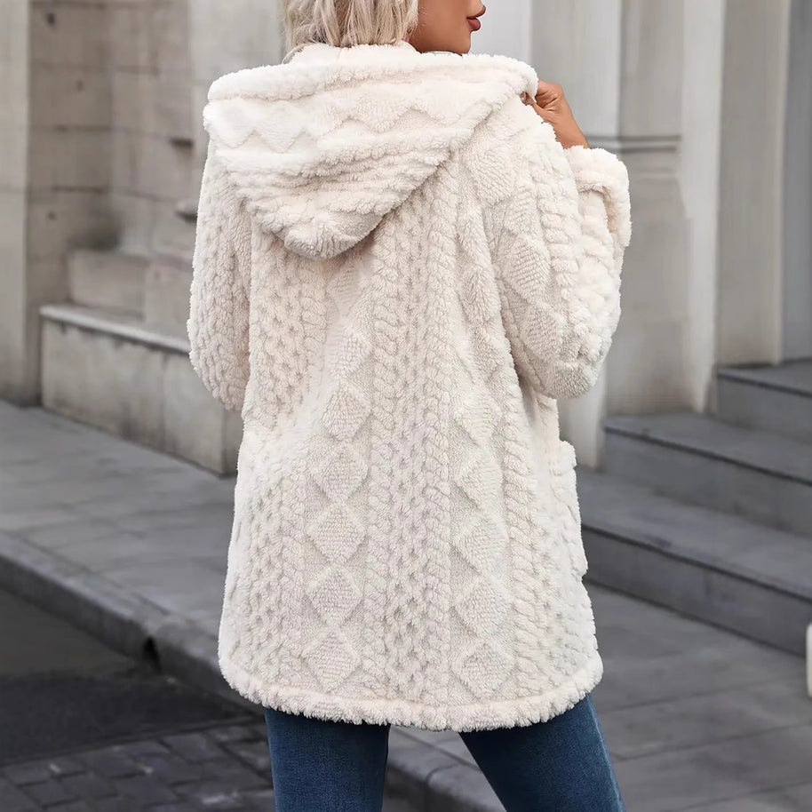 Damen angenehme und weiche Plüschjacke mit Kapuze und Taschen WW