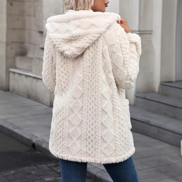 Damen angenehme und weiche Plüschjacke mit Kapuze und Taschen WW