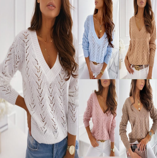Damen Strickpullover mit V-Ausschnitt und kunstvollen Lochmustern WW