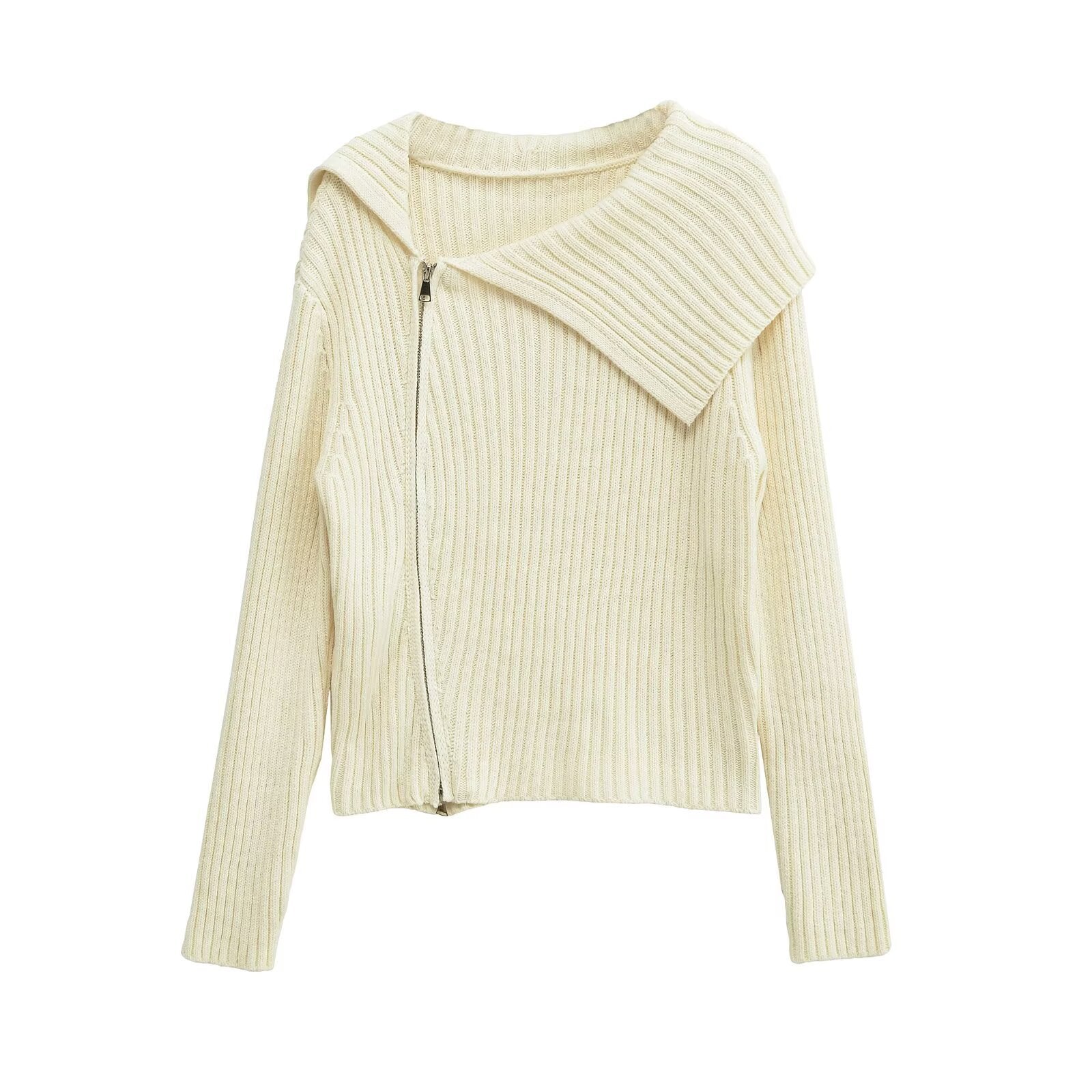 Damen Rippenstrickjacke mit großem Kragen und asymmetrischem Reißverschluss WW