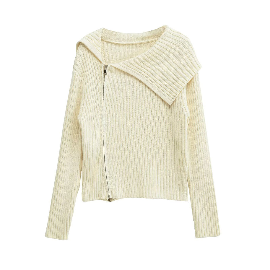 Damen Rippenstrickjacke mit großem Kragen und asymmetrischem Reißverschluss WW
