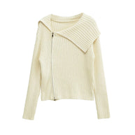 Damen Rippenstrickjacke mit großem Kragen und asymmetrischem Reißverschluss WW