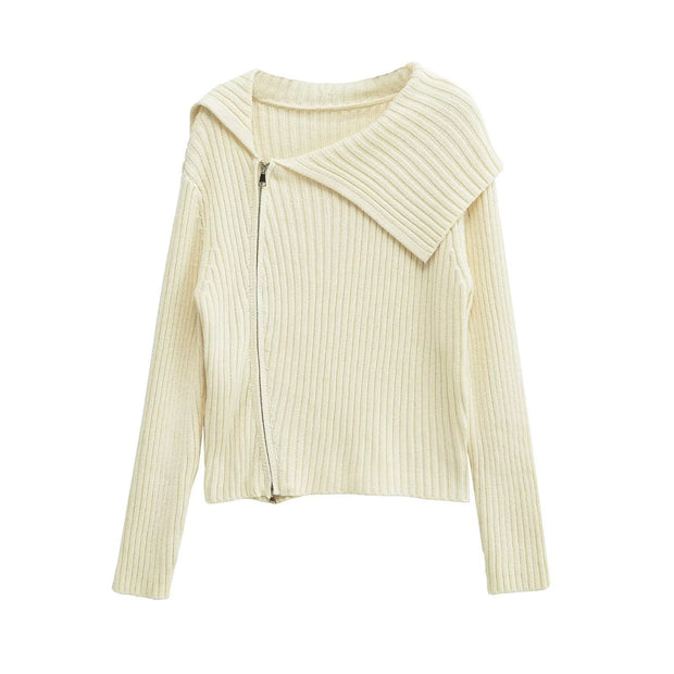 Damen Rippenstrickjacke mit großem Kragen und asymmetrischem Reißverschluss WW