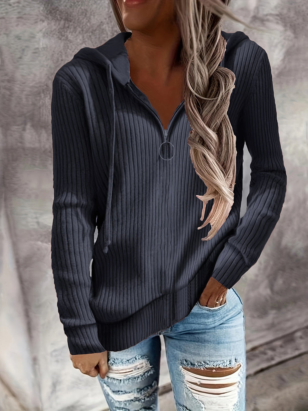 Damen Hoodie mit Reißverschluss und lässigem Rippenstrickdesign W&W Mode