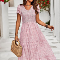 WW | V-Ausschnitt Kurzarm Flared Midi Kleid