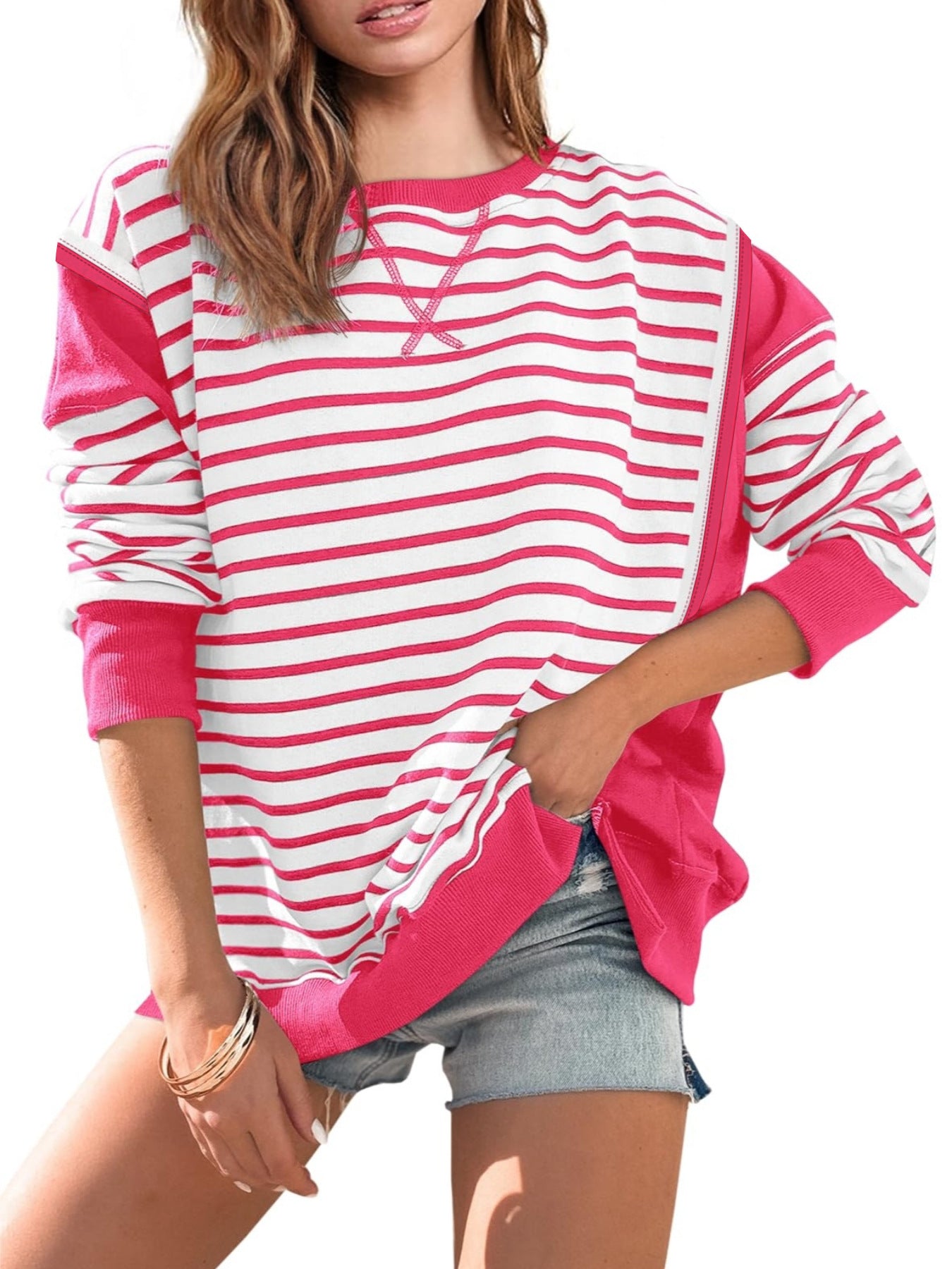 Damen gestreifter Sweatshirt mit übergroßem Schnitt WW