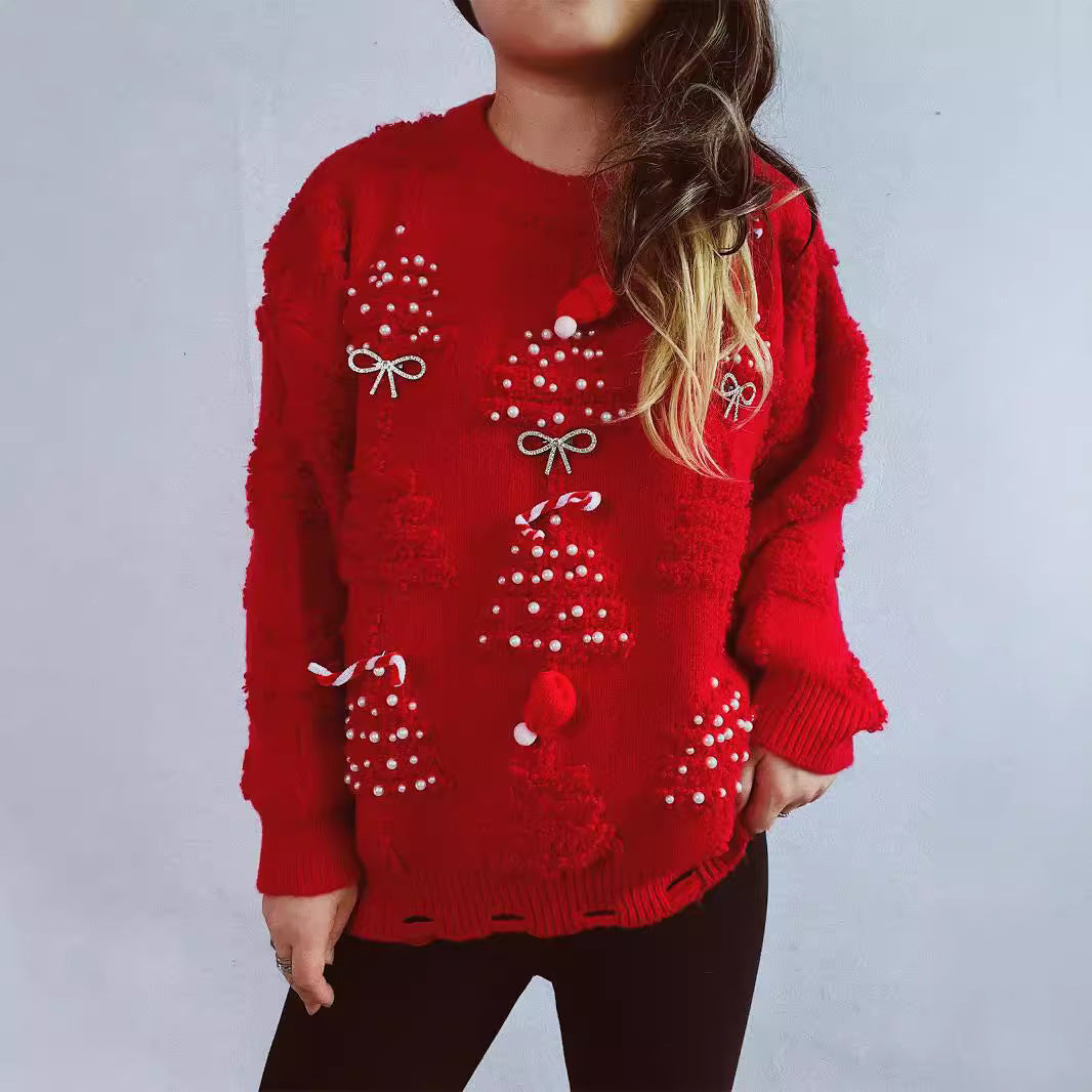 Damen festlicher Pullover mit kreativen Weihnachtsmotiven und strukturiertem Design WW