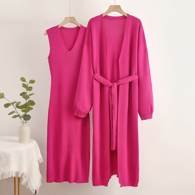 Damen 2-teiliges Kleid und Cardigan-Set mit V-Ausschnitt WW