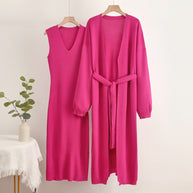 Damen 2-teiliges Kleid und Cardigan-Set mit V-Ausschnitt WW