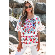 Damen besticktes Blusentop mit voluminösen Ärmeln und floralen Motiven WW
