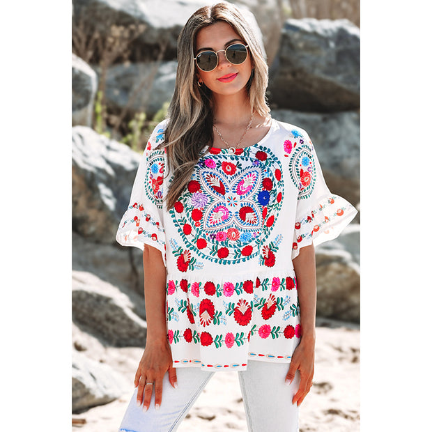 Damen besticktes Blusentop mit voluminösen Ärmeln und floralen Motiven WW