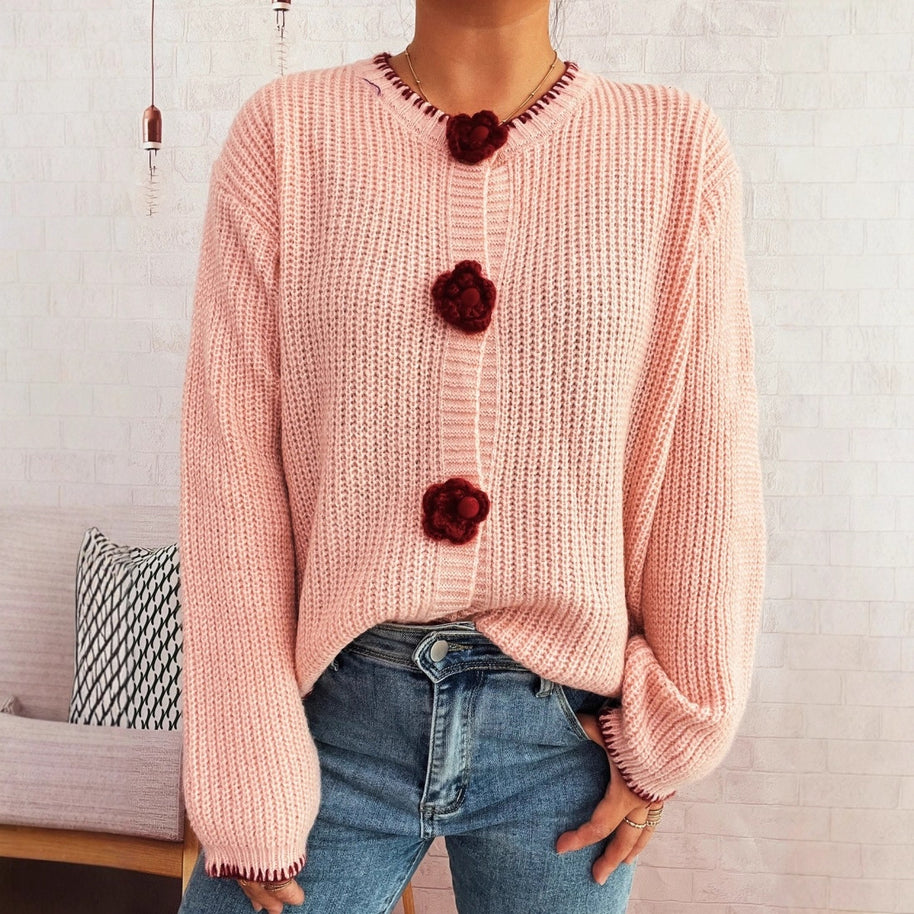 Damen Strickjacke mit floralen Knopfdetails und lässigem Schnitt WW