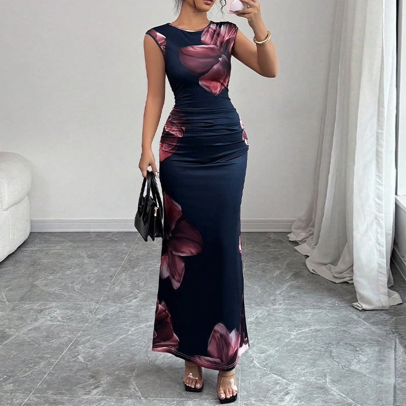 Damen elegantes Maxi-Kleid mit floralem Drapierungsdesign und figurbetonendem Schnitt WW