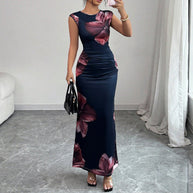 Damen elegantes Maxi-Kleid mit floralem Drapierungsdesign und figurbetonendem Schnitt WW