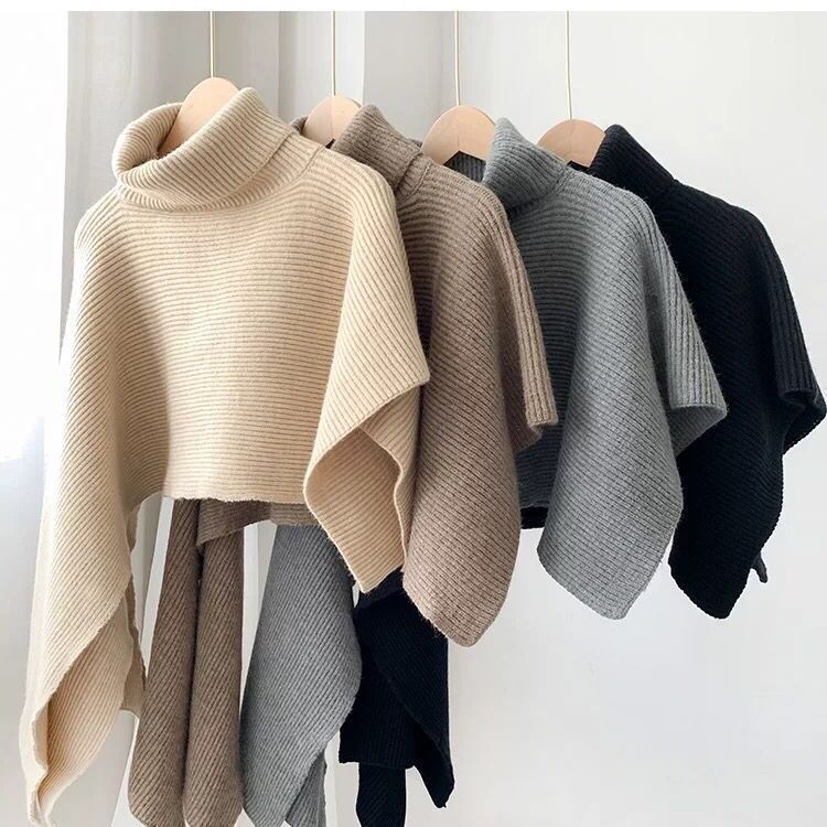 Damen Strickponcho mit hochgeschlossenem Kragen und eleganter Rippstruktur WW