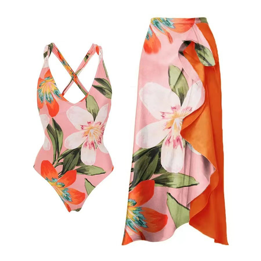 Damen Badeanzug-Set mit floralem Design und elegantem Wickelrock WW