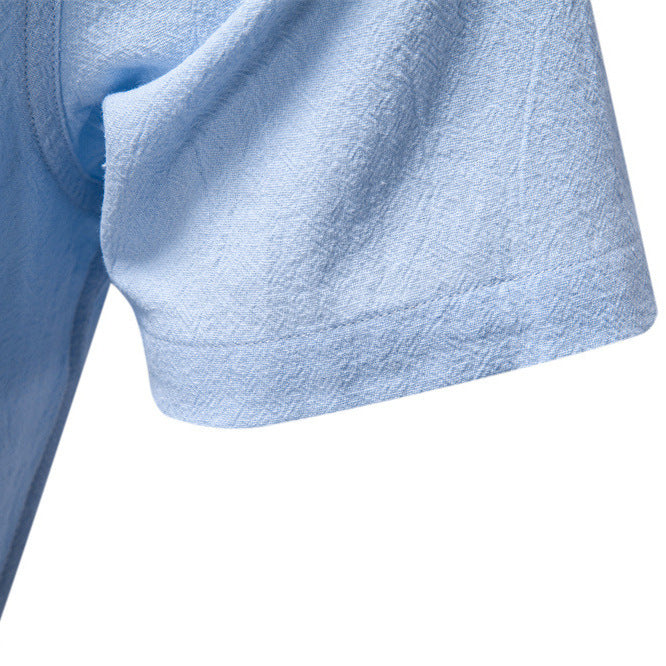 Herren nan lässiges Kurzarmshirt mit Stehkragen, halber Knopfleiste und leicht strukturierter Baumwoll-Leinen-Qualität W&W Mode