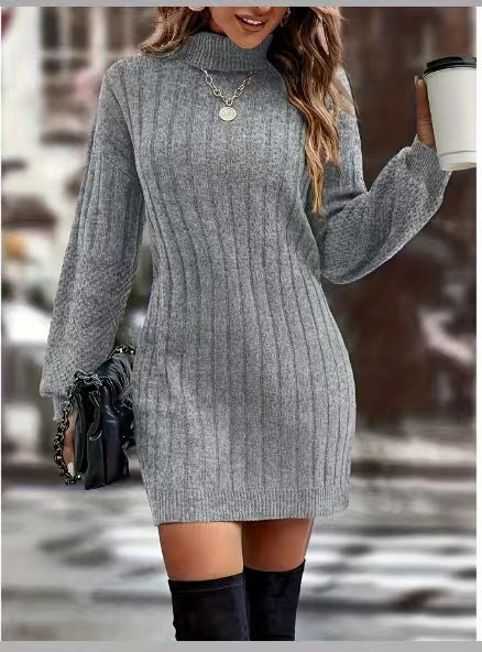 Damen Strickkleid mit hohem Kragen und feinem Rippenmuster WW