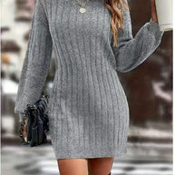 Damen Strickkleid mit hohem Kragen und feinem Rippenmuster WW