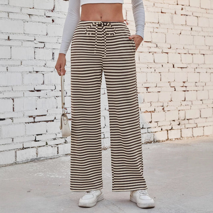 Damen weite Streifenhose mit elastischem Bund und Kordelzug W&W Mode