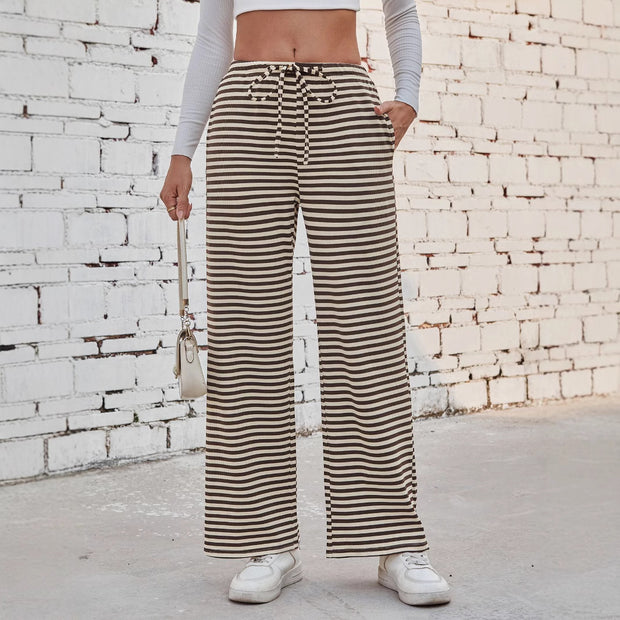 Damen weite Streifenhose mit elastischem Bund und Kordelzug WW