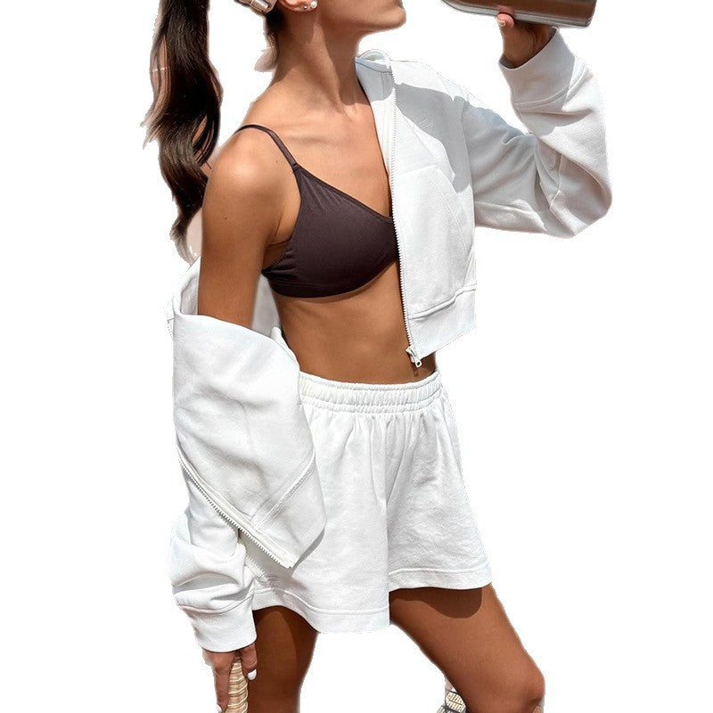 Damen Sportliches Lounge-Set mit cropped Jacke und Shorts WW