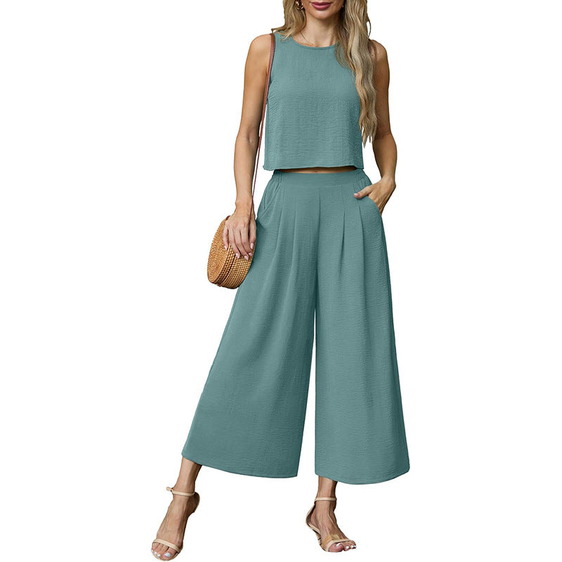 Damen luftiges Zweiteiler-Set mit weitem Hosenbein und ärmellosem Top W&W Mode