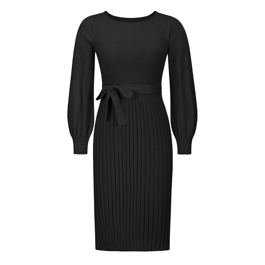 Damen Strickkleid mit taillierbarem Gürtel und langen Ärmeln WW