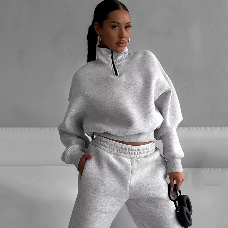 Damen sportliches Crop-Pullover-Set mit hohem Kragen und elastischem Bund WW