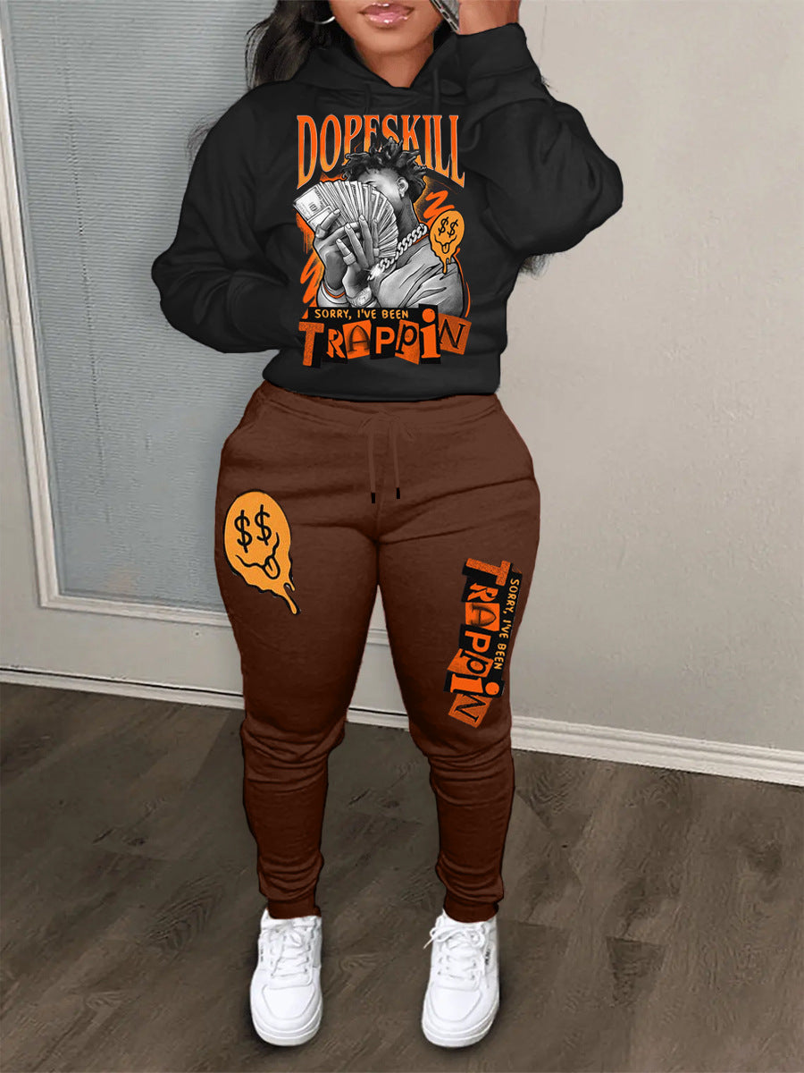 Damen bequeme Hoodie und Jogginghose Set mit kreativem Druck WW