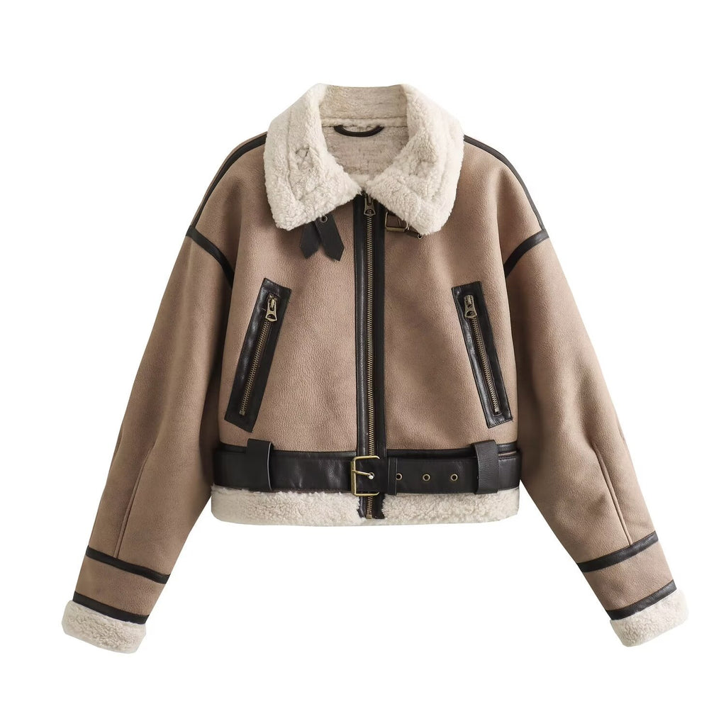 Damen bequeme und stylische Kurzjacke mit Kunstfellkragen und Reißverschlusstaschen WW