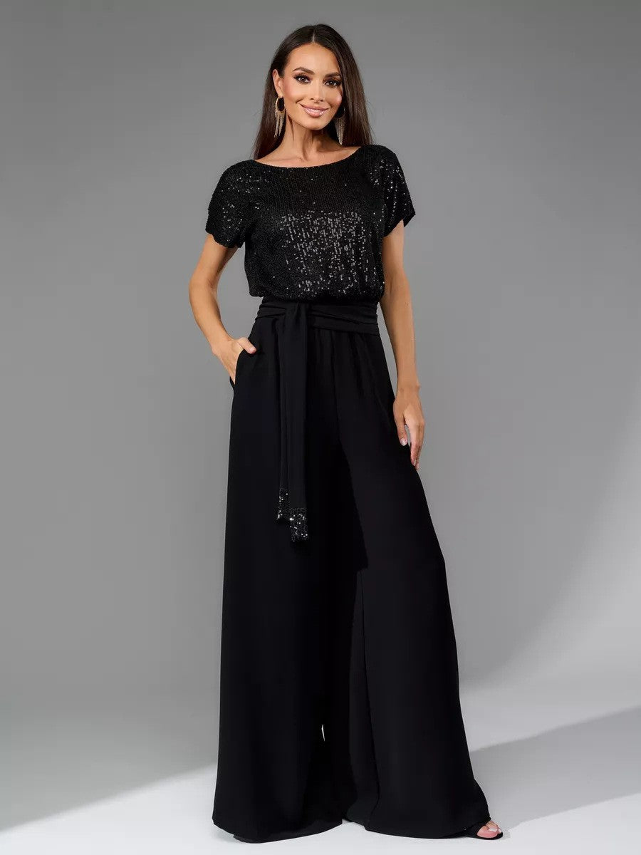 Damen Glamouröses Overalls mit glitzerndem Oberteil und weit geschnittenen Hosen W&W Mode