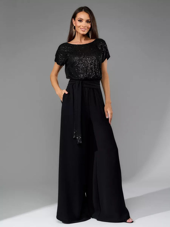 Damen Glamouröses Overalls mit glitzerndem Oberteil und weit geschnittenen Hosen W&W Mode