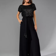 Damen Glamouröses Overalls mit glitzerndem Oberteil und weit geschnittenen Hosen WW