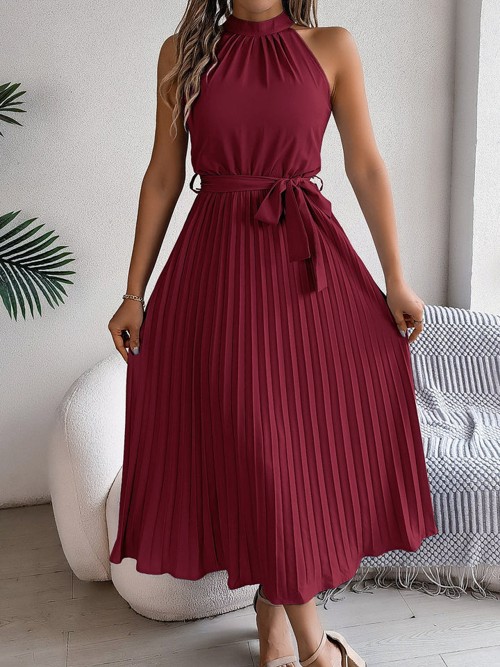 W&W Mode | Frühling Elegante Stehkragen Taille-betonte Falten Maxi Kleid