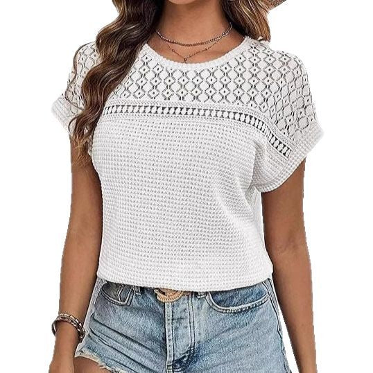 Damen kurzärmliges Strickoberteil mit dekorativem Lochmuster WW
